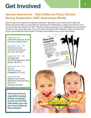 Spread Awareness - Visit California Pizza Kitchen During September: CMT Awareness Month 
Want to help fund research and spread awareness? Well here is your chance and mingle with friends and family while you dine! We have planned CPK FUNdraisers in states around the country for you to help with research for CMT. Visit one of these locations on the designated day and present the flyer to your server and 20% of your bill will be donated to CMT Research. Want to be the host at your local California Pizza Kitchen? Contact Courtney@hnf-cure.org for more details. 
3 
September 15th 
11800 West Broad St. #1104 
Richmond, Virginia 23233 
September 15th - 17th 
Park Avenue South 
440 Park Avenue South 
New York, NY 10016 
September 15th - 18th 
Northgate Mall 
401 NE Northgate Way, #944 
Seattle, WA 98125 
September 16th - 17th 
City Line 
4040 City Avenue 
Philadelphia, PA 19131 
September 29th 
Bayshore Town Center 
5665 North Centerpark Way, 
Unit N-141 
Glendale, WI 53209 
Get Involved 
Visit www.hnf-cure. org/california-pizza- kitchen-campaign/ to print out the HNF flyer before you visit your local California Pizza Kitchen!  