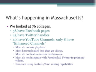 What’s happening in Massachusetts? We looked at 76 colleges. 58 have Facebook pages 43 have Twitter handles  49 have YouTube Channels; only 8 have “Enhanced Channels” Most do not use playlists. Most have uploaded less than 20 videos. Most do not feature interactive banners. Most do not integrate with Facebook & Twitter to promote videos. None are using contests/fund raising capabilities 