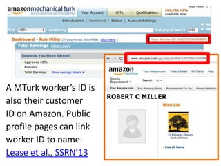 `
A MTurk worker’s ID is
also their customer
ID on Amazon. Public
profile pages can link
worker ID to name.
Lease et al., SSRN’13 6
 