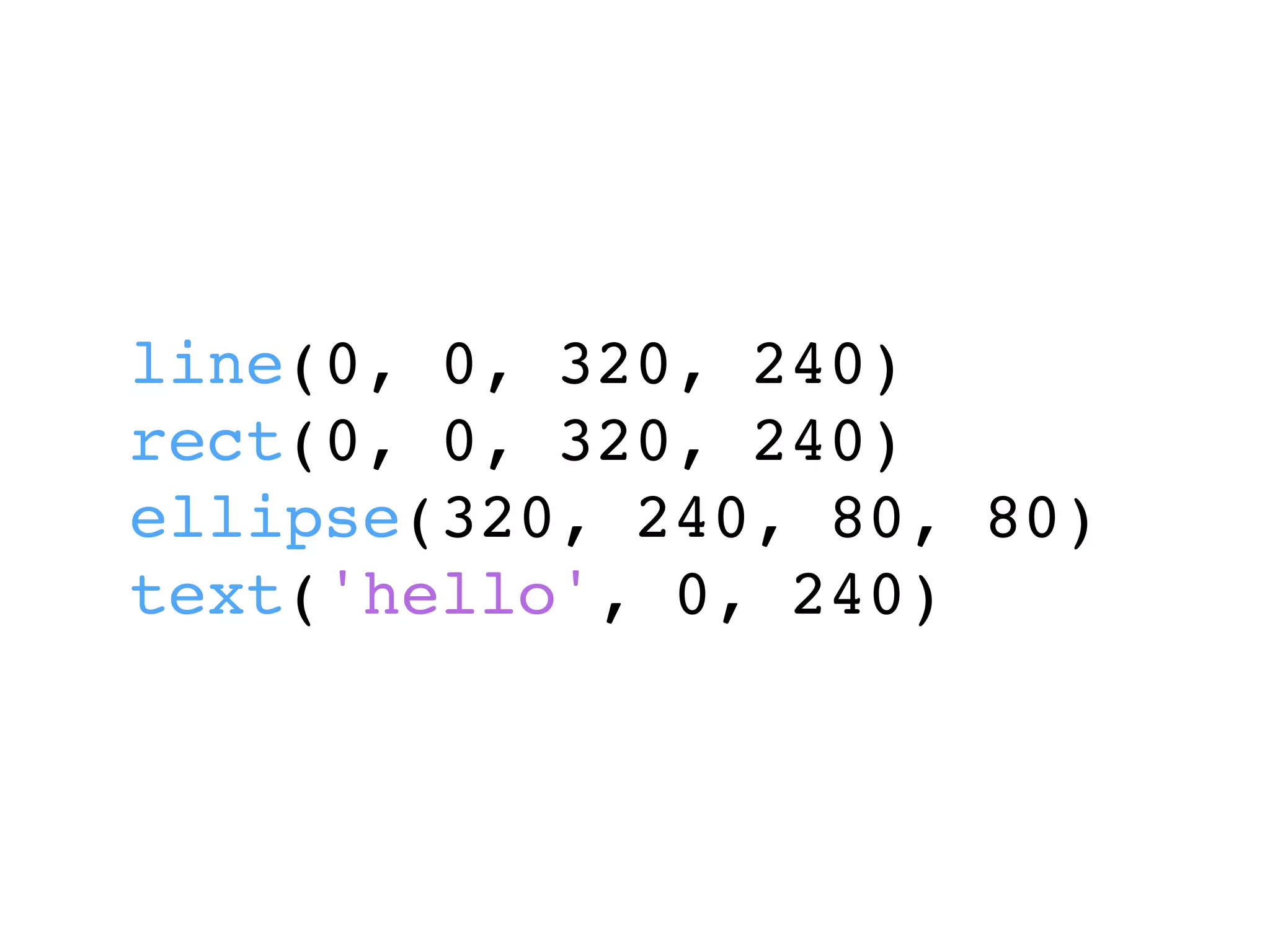 line(0, 0, 320, 240)
rect(0, 0, 320, 240)
ellipse(320, 240, 80, 80)
text('hello', 0, 240)
 