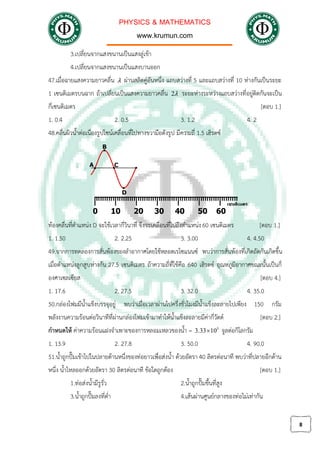 PHYSICS & MATHEMATICS
www.krumun.com
8
3.เปลี่ยนจากแสงขนานเปนแสงลูเขา
4.เปลี่ยนจากแสงขนานเปนแสงบานออก
47.เมื่อฉายแสงความยาวคลื่น λ ผานสลิตคูอันหนึ่ง แถบสวางที่ 5 และแถบสวางที่ 10 หางกันเปนระยะ
1 เซนติเมตรบนฉาก ถาเปลี่ยนเปนแสงความยาวคลื่น 2λ ระยะหางระหวางแถบสวางที่อยูติดกันจะเปน
กี่เซนติเมตร [ตอบ 1.]
1. 0.4 2. 0.5 3. 1.2 4. 2
48.คลื่นผิวน้ําตอเนื่องรูปไซนเคลื่อนที่ไปทางขวามือดังรูป มีความถี่ 1.5 เฮิรตซ
ทองคลื่นที่ตําแหนง D จะใชเวลากี่วินาที จึงจะเคลื่อนที่ไปถึงตําแหนง60 เซนติเมตร [ตอบ 1.]
1. 1.50 2. 2.25 3. 3.00 4. 4.50
49.จากการทดลองการสั่นพองของลําอากาศโดยใชหลอดเรโซแนนซ พบวาการสั่นพองที่เกิดถัดกันเกิดขึ้น
เมื่อตําแหนงลูกสูบหางกัน 27.5 เซนติเมตร ถาความถี่ที่ใชคือ 640 เฮิรตซ อุณหภูมิอากาศขณะนั้นเปนกี่
องศาเซลเซียส [ตอบ 4.]
1. 17.6 2. 27.5 3. 32.0 4. 35.0
50.กลองโฟมมีน้ําแข็งบรรจุอยู พบวาเมื่อเวลาผานไปครึ่งชั่วโมงมีน้ําแข็งละลายไปเพียง 150 กรัม
พลังงานความรอนตอวินาทีที่ผานกลองโฟมเขามาทําใหน้ําแข็งละลายมีคากี่วัตต [ตอบ 2.]
กําหนดให คาความรอนแฝงจําเพาะของการหลอมเหลวของน้ํา = 5
3.33 10 จูลตอกิโลกรัม
1. 13.9 2. 27.8 3. 50.0 4. 90.0
51.น้ําถูกปมเขาไปในปลายดานหนึ่งของทอยาวเพื่อสงน้ํา ดวยอัตรา 40 ลิตรตอนาที พบวาที่ปลายอีกดาน
หนึ่ง น้ําไหลออกดวยอัตรา 30 ลิตรตอนาที ขอใดถูกตอง [ตอบ 1.]
1.ทอสงน้ํามีรูรั่ว 2.น้ําถูกปมขึ้นที่สูง
3.น้ําถูกปมลงที่ต่ํา 4.เสนผานศูนยกลางของทอไมเทากัน
 