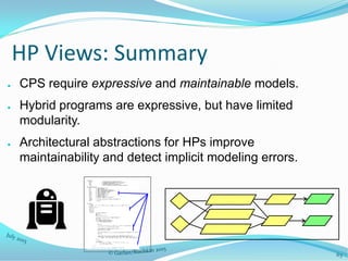 63
HP Views: Summary
● CPS require expressive and maintainable models.
● Hybrid programs are expressive, but have limited
modularity.
● Architectural abstractions for HPs improve
maintainability and detect implicit modeling errors.
 