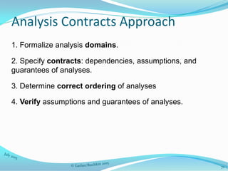Analysis Contracts Approach
1. Formalize analysis domains.
2. Specify contracts: dependencies, assumptions, and
guarantees of analyses.
3. Determine correct ordering of analyses
4. Verify assumptions and guarantees of analyses.
71
 