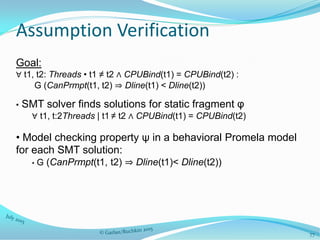 Assumption Verification
Goal:
∀ t1, t2: Threads • t1 ≠ t2 ∧ CPUBind(t1) = CPUBind(t2) :
G (CanPrmpt(t1, t2) ⇒ Dline(t1) < Dline(t2))
• SMT solver finds solutions for static fragment φ
∀ t1, t:2Threads | t1 ≠ t2 ∧ CPUBind(t1) = CPUBind(t2)
• Model checking property ψ in a behavioral Promela model
for each SMT solution:
• G (CanPrmpt(t1, t2) ⇒ Dline(t1)< Dline(t2))
77
 