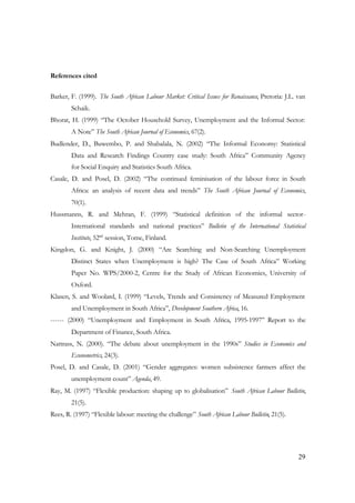 29 
References cited 
Barker, F. (1999). The South African Labour Market: Critical Issues for Renaissance, Pretoria: J.L. van 
Schaik. 
Bhorat, H. (1999) “The October Household Survey, Unemployment and the Informal Sector: 
A Note” The South African Journal of Economics, 67(2). 
Budlender, D., Buwembo, P. and Shabalala, N. (2002) “The Informal Economy: Statistical 
Data and Research Findings Country case study: South Africa” Community Agency 
for Social Enquiry and Statistics South Africa. 
Casale, D. and Posel, D. (2002) “The continued feminisation of the labour force in South 
Africa: an analysis of recent data and trends” The South African Journal of Economics, 
70(1). 
Hussmanns, R. and Mehran, F. (1999) “Statistical definition of the informal sector- 
International standards and national practices” Bulletin of the International Statistical 
Institute, 52nd session, Tome, Finland. 
Kingdon, G. and Knight, J. (2000) “Are Searching and Non-Searching Unemployment 
Distinct States when Unemployment is high? The Case of South Africa” Working 
Paper No. WPS/2000-2, Centre for the Study of African Economies, University of 
Oxford. 
Klasen, S. and Woolard, I. (1999) “Levels, Trends and Consistency of Measured Employment 
and Unemployment in South Africa”, Development Southern Africa, 16. 
------ (2000) “Unemployment and Employment in South Africa, 1995-1997” Report to the 
Department of Finance, South Africa. 
Nattrass, N. (2000). “The debate about unemployment in the 1990s” Studies in Economics and 
Econometrics, 24(3). 
Posel, D. and Casale, D. (2001) “Gender aggregates: women subsistence farmers affect the 
unemployment count” Agenda, 49. 
Ray, M. (1997) “Flexible production: shaping up to globalisation” South African Labour Bulletin, 
21(5). 
Rees, R. (1997) “Flexible labour: meeting the challenge” South African Labour Bulletin, 21(5). 
 