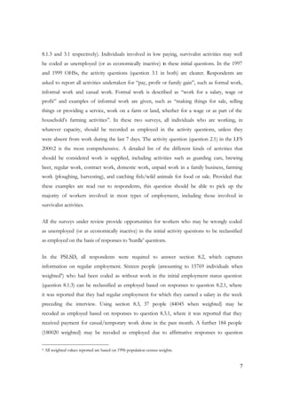 8.1.3 and 3.1 respectively). Individuals involved in low paying, survivalist activities may well 
be coded as unemployed (or as economically inactive) in these initial questions. In the 1997 
and 1999 OHSs, the activity questions (question 3.1 in both) are clearer. Respondents are 
asked to report all activities undertaken for “pay, profit or family gain”, such as formal work, 
informal work and casual work. Formal work is described as “work for a salary, wage or 
profit” and examples of informal work are given, such as “making things for sale, selling 
things or providing a service, work on a farm or land, whether for a wage or as part of the 
household’s farming activities”. In these two surveys, all individuals who are working, in 
whatever capacity, should be recorded as employed in the activity questions, unless they 
were absent from work during the last 7 days. The activity question (question 2.1) in the LFS 
2000:2 is the most comprehensive. A detailed list of the different kinds of activities that 
should be considered work is supplied, including activities such as guarding cars, brewing 
beer, regular work, contract work, domestic work, unpaid work in a family business, farming 
work (ploughing, harvesting), and catching fish/wild animals for food or sale. Provided that 
these examples are read out to respondents, this question should be able to pick up the 
majority of workers involved in most types of employment, including those involved in 
survivalist activities. 
All the surveys under review provide opportunities for workers who may be wrongly coded 
as unemployed (or as economically inactive) in the initial activity questions to be reclassified 
as employed on the basis of responses to ‘hurdle’ questions. 
In the PSLSD, all respondents were required to answer section 8.2, which captures 
information on regular employment. Sixteen people (amounting to 15769 individuals when 
weighted4) who had been coded as without work in the initial employment status question 
(question 8.1.3) can be reclassified as employed based on responses to question 8.2.1, where 
it was reported that they had regular employment for which they earned a salary in the week 
preceding the interview. Using section 8.3, 37 people (44045 when weighted) may be 
recoded as employed based on responses to question 8.3.1, where it was reported that they 
received payment for casual/temporary work done in the past month. A further 184 people 
(180020 weighted) may be recoded as employed due to affirmative responses to question 
7 
4 All weighted values reported are based on 1996 population census weights. 
 