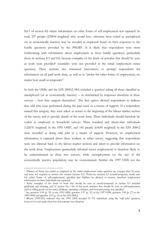 8.6.1 of section 8.6 where information on other forms of self-employment was captured. In 
total, 237 people (239834 weighted) who would have otherwise been coded as unemployed 
(or as economically inactive) may be recoded as employed based on their responses to the 
hurdle questions provided by the PSLSD5. It is likely that respondents were more 
forthcoming with information about employment in these hurdle questions, particularly 
those in sections 8.3 and 8.6, because examples of the kinds of activities that should be seen 
as work were provided6 (examples were not provided in the initial employment status 
question). These sections also instructed interviewers to prompt respondents for 
information on all paid work done, as well as to “probe for other forms of employment, no 
matter how small or temporary”. 
In both the OHSs and the LFS 2000:2, SSA included a question asking all those classified as 
unemployed (or as economically inactive) – as determined by responses elsewhere in these 
surveys – how they support themselves7. The first option allowed respondents to indicate 
that odd jobs were performed during the past week as a means of support. If a respondent 
named this category, they were asked to return to the beginning of the labour market section 
of the survey and to provide details of the work done. These individuals should therefore be 
coded as employed in household surveys. Three hundred and ninety-nine individuals 
(122676 weighted) in the 1995 OHS8, and 145 people (63659 weighted) in the LFS 2000:2 
were recorded as doing odd jobs as a means of support. However, no employment 
information is captured about these workers in either survey, suggesting that respondents 
were not directed back to the labour market sections and asked to provide information on 
the work done. Employment (particularly informal sector employment) is therefore likely to 
be underestimated in these two surveys, while unemployment (or the size of the 
economically inactive population) may be overestimated. Neither the 1997 OHS nor the 
5 Thirteen of those not coded as employed in the initial employment status question are younger than 16 years 
and were not required to answer this section (section 8.1). However, sections 8.3 (casual/temporary work) and 
8.6 (other forms of self-employment) specified that children be allowed to answer, therefore employment 
information on these individuals was captured. 
6 Some examples of the kinds of work that should be seen as casual/temporary in section 8.3 included 
gardening and cleaning, and in section 8.6 a list of the work activities that should be seen as self-employment, 
such as selling goods on the street, childcare, operating a shebeen, and food processing, was specified. 
7 See question 3.34 (p. 35) in the 1995 OHS, question 3.37 (p. 31) in the 1997 OHS, question 3.38 (p. 27) in the 
1999 OHS and question 3.12 (p. 15) in the LFS 2000:2. 
8 Bhorat (1999:323) indicates that the 1995 OHS recoded 53 575 individuals using the ‘odd jobs’ question, 
however it is not made clear how this estimate was obtained. 
8 
 