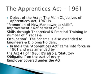  Object of the Act :- The Main Objectives of
Apprentices Act, 1961 is
“Promotion of New Manpower at skills”.
Improvement / Refinement of Old
Skills through Theoretical & Practical Training in
number of “Trades &
Occupation”. The Scheme is also extended to
Engineers & Diploma Holders.
 In India the “Apprentices Act” came into force in
1961 and was amended by
the Act 41 of 1986. It’s also a “Statutory
Obligation” on the part of every
Employer covered under the Act.
 