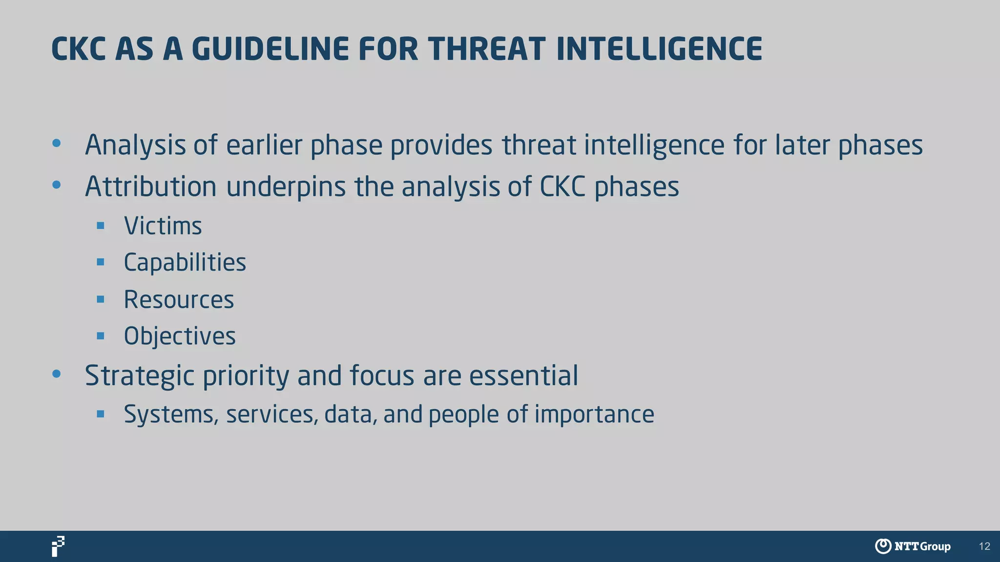 12
CKC AS A GUIDELINE FOR THREAT INTELLIGENCE
• Analysis of earlier phase provides threat intelligence for later phases
• Attribution underpins the analysis of CKC phases
§ Victims
§ Capabilities
§ Resources
§ Objectives
• Strategic priority and focus are essential
§ Systems, services, data, and people of importance
 