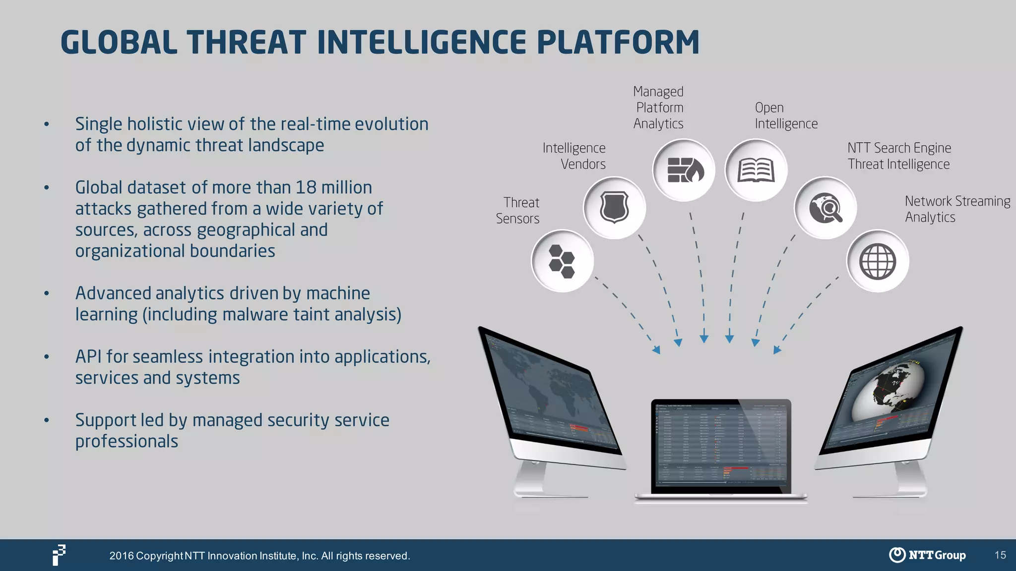 15
GLOBAL THREAT INTELLIGENCE PLATFORM
• Single holistic view of the real-time evolution
of the dynamic threat landscape
• Global dataset of more than 18 million
attacks gathered from a wide variety of
sources, across geographical and
organizational boundaries
• Advanced analytics driven by machine
learning (including malware taint analysis)
• API for seamless integration into applications,
services and systems
• Support led by managed security service
professionals
2016 CopyrightNTT Innovation Institute, Inc. All rights reserved.
 