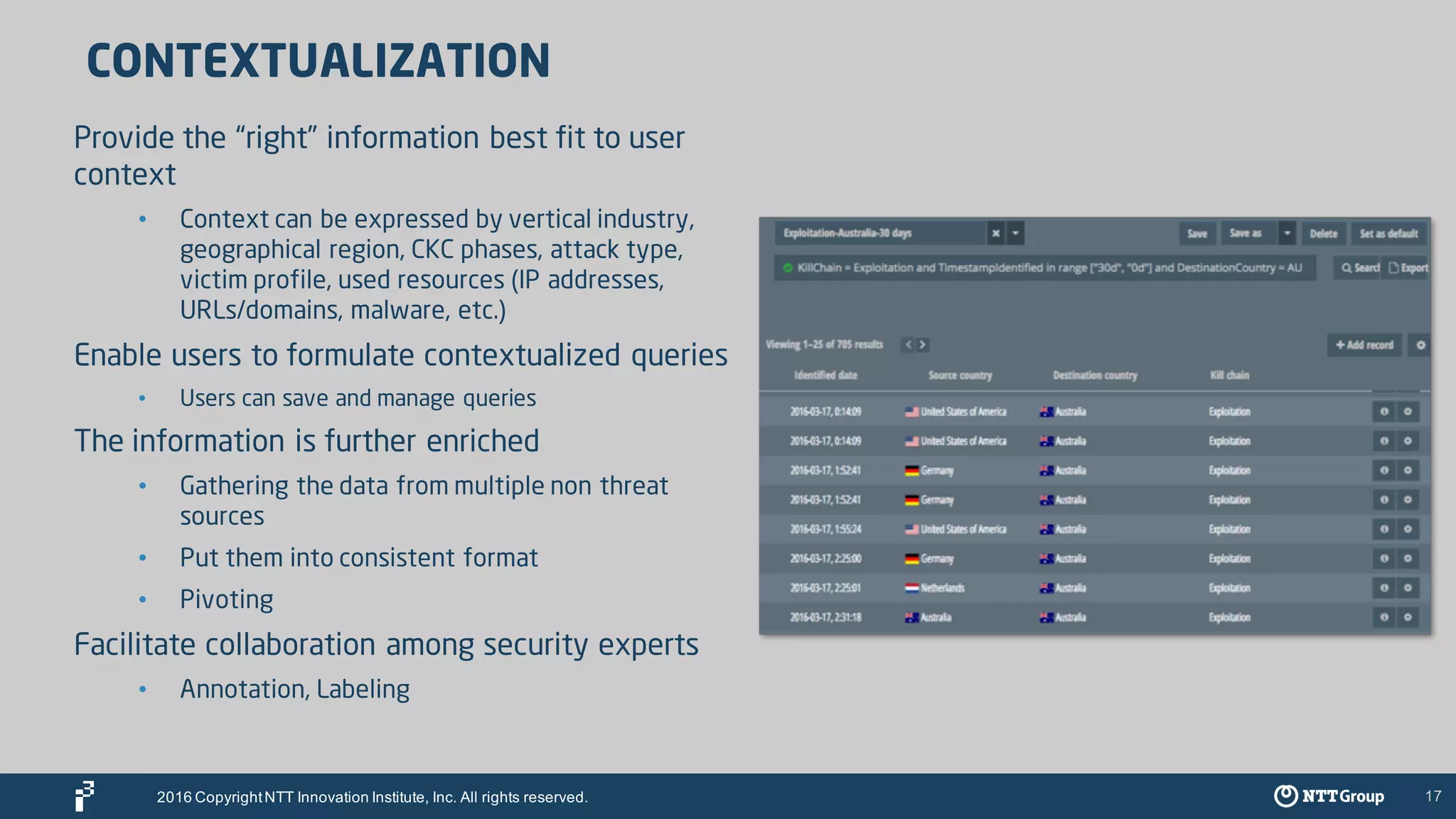 CONTEXTUALIZATION
Provide the “right” information best fit to user
context
• Context can be expressed by vertical industry,
geographical region, CKC phases, attack type,
victim profile, used resources (IP addresses,
URLs/domains, malware, etc.)
Enable users to formulate contextualized queries
• Users can save and manage queries
The information is further enriched
• Gathering the data from multiple non threat
sources
• Put them into consistent format
• Pivoting
Facilitate collaboration among security experts
• Annotation, Labeling
2016 CopyrightNTT Innovation Institute, Inc. All rights reserved. 17
 