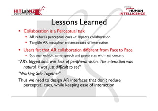 Lessons Learned
  Collaboration is a Perceptual task
  AR reduces perceptual cues -> Impacts collaboration
  Tangible AR metaphor enhances ease of interaction
  Users felt that AR collaboration different from Face to Face
  But user exhibit same speech and gesture as with real content
“AR’s biggest limit was lack of peripheral vision. The interaction was
natural, it was just difficult to see"
"Working Solo Together"
Thus we need to design AR interfaces that don’t reduce
perceptual cues, while keeping ease of interaction
 