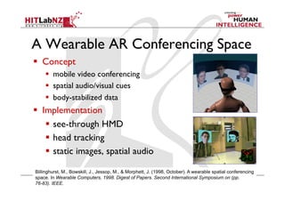 A Wearable AR Conferencing Space
  Concept
  mobile video conferencing
  spatial audio/visual cues
  body-stabilized data
  Implementation
  see-through HMD
  head tracking
  static images, spatial audio
Billinghurst, M., Bowskill, J., Jessop, M., & Morphett, J. (1998, October). A wearable spatial conferencing
space. In Wearable Computers, 1998. Digest of Papers. Second International Symposium on (pp.
76-83). IEEE.
 