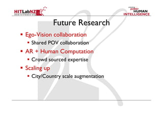 Future Research
  Ego-Vision collaboration
  Shared POV collaboration
  AR + Human Computation
  Crowd sourced expertise
  Scaling up
  City/Country scale augmentation
 