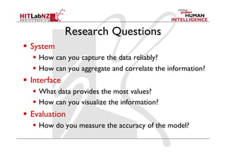 Research Questions
  System
  How can you capture the data reliably?
  How can you aggregate and correlate the information?
  Interface
  What data provides the most values?
  How can you visualize the information?
  Evaluation
  How do you measure the accuracy of the model?
 