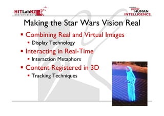 Making the Star Wars Vision Real
  Combining Real and Virtual Images
  Display Technology
  Interacting in Real-Time
  Interaction Metaphors
  Content Registered in 3D
  Tracking Techniques
 