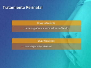 Tratamiento Perinatal
Grupo tratamiento
• Inmunoglobulina semanal hasta 9 ciclos
Grupo Prevención
• Inmunoglobulina Mensual
 