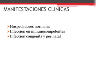 MANIFESTACIONES CLINICAS
Hospedadores normales
Infeccion en inmunocompetentes
Infeccion congénita y perinatal
 