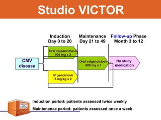 Studio VICTOR
Maintenance
Day 21 to 49
Follow-up Phase
Month 3 to 12
Induction
Day 0 to 20
Oral valganciclovir
900 mg x 2
Oral valganciclovir
900 mg x 1
No study
medication
CMV
disease
IV ganciclovir
5 mg/kg x 2
Induction period: patients assessed twice weekly
Maintenance period: patients assessed once a week
 