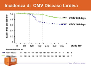Incidenza di CMV Disease tardiva
Number of patients left
VGCV-100 days 163 161 161 157 151 125 110 104 102 101 95 94 83 4
VGCV-200 days 155 154 152 150 149 147 145 143 136 130 125 122 120 7
0
0.4
0.2
0
0.8
0.6
18060 120 240 360
1.0
300
Event-freeprobability
Study day
VGCV 200 days
VGCV 100 days
 