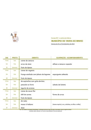 Escolas EB 1 e Jardins-de-Infância
MUNICÍPIO DE VIEIRA DO MINHO
Semana de 23 a 27 de Setembro de 2013
DIA PRATO EMENTA GUARNIÇÃO / ACOMPANHAMENTO
2ª-feira Sopa creme de cenoura
DIA Prato arroz de atum alface e cenoura raspada
23 Sobremesa* fruta da época
3ª-feira Sopa creme de vegetais
DIA Prato frango estufado com juliana de legumes esparguete salteado
24 Sobremesa* fruta da época
4ª-feira Sopa de espinafres com grão-de-bico
DIA Prato pescada no forno salada de batata
25 Sobremesa* iogurte de aromas
5ª-feira Sopa creme de couve flor
DIA Prato chili de carnes forma de arroz
26 Sobremesa* fruta da época
6ª-feira Sopa de nabo
DIA Prato massa à italiana [massa espiral, ovo, salsichas, ervilha e milho]
27 Sobremesa* doce
nota: nas unidades com refeições transportadas, a sobremesa servida nos dias com opção, será sempre o doce ou iogurte de aromas
*variedade sujeita a alteração, em função da disponibilidade do mercado abastecedor
 
