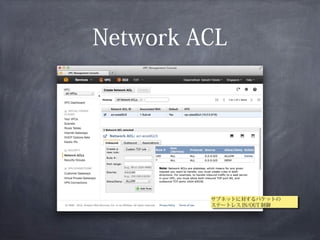Network ACL




         サブネットに対するパケットの
         サブネットに対するパケットの
         ステートレス IN/OUT 制御
         ステートレス IN/OUT 制御
 