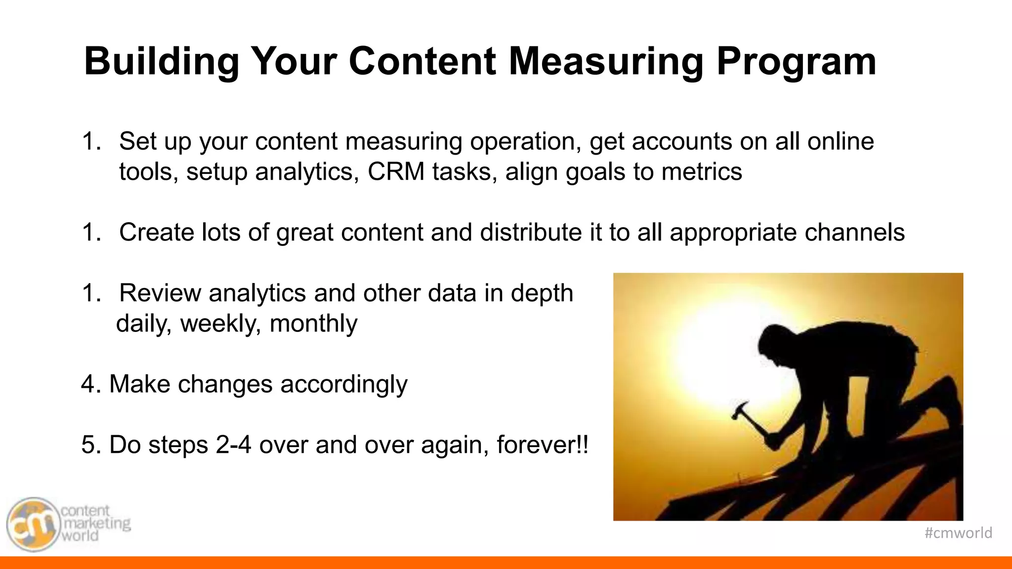 #cmworld
1. Set up your content measuring operation, get accounts on all online
tools, setup analytics, CRM tasks, align goals to metrics
1. Create lots of great content and distribute it to all appropriate channels
1. Review analytics and other data in depth
daily, weekly, monthly
4. Make changes accordingly
5. Do steps 2-4 over and over again, forever!!
Building Your Content Measuring Program
 