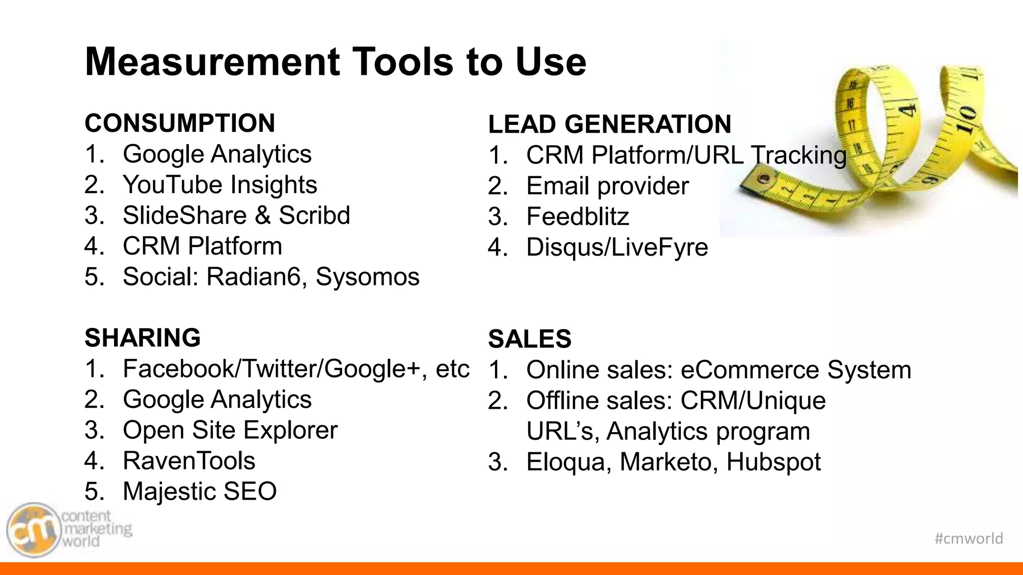 #cmworld
CONSUMPTION
1. Google Analytics
2. YouTube Insights
3. SlideShare & Scribd
4. CRM Platform
5. Social: Radian6, Sysomos
SHARING
1. Facebook/Twitter/Google+, etc
2. Google Analytics
3. Open Site Explorer
4. RavenTools
5. Majestic SEO
Measurement Tools to Use
LEAD GENERATION
1. CRM Platform/URL Tracking
2. Email provider
3. Feedblitz
4. Disqus/LiveFyre
SALES
1. Online sales: eCommerce System
2. Offline sales: CRM/Unique
URL’s, Analytics program
3. Eloqua, Marketo, Hubspot
 