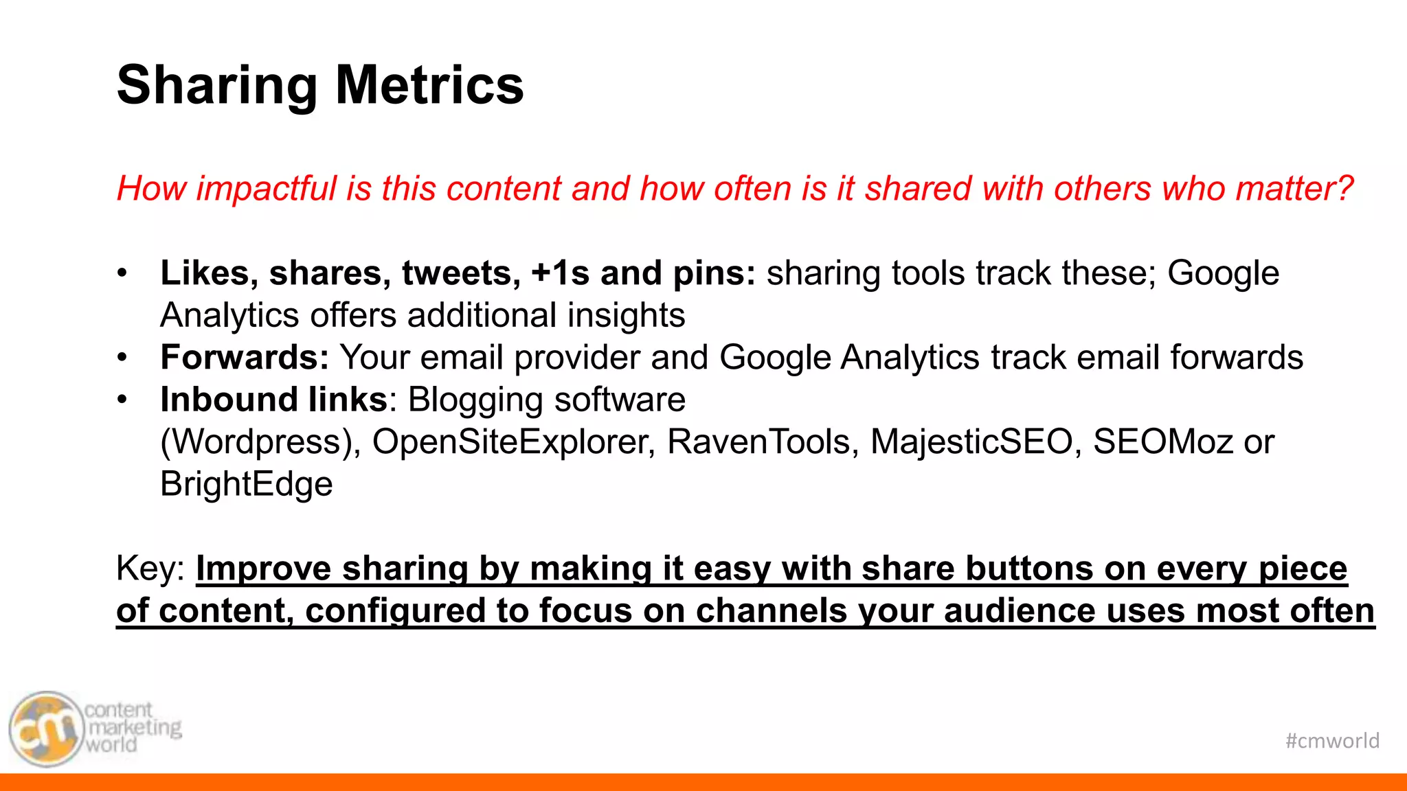 #cmworld
How impactful is this content and how often is it shared with others who matter?
• Likes, shares, tweets, +1s and pins: sharing tools track these; Google
Analytics offers additional insights
• Forwards: Your email provider and Google Analytics track email forwards
• Inbound links: Blogging software
(Wordpress), OpenSiteExplorer, RavenTools, MajesticSEO, SEOMoz or
BrightEdge
Key: Improve sharing by making it easy with share buttons on every piece
of content, configured to focus on channels your audience uses most often
Sharing Metrics
 