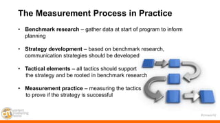 #cmworld
• Benchmark research – gather data at start of program to inform
planning
• Strategy development – based on bench...