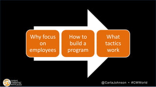 @CarlaJohnson • #CMWorld
Why focus
on
employees
How to
build a
program
What
tactics
work
 