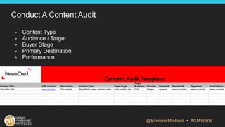 Conduct A Content Audit
• Content Type
• Audience / Target
• Buyer Stage
• Primary Destination
• Performance
@BrennerMicha...