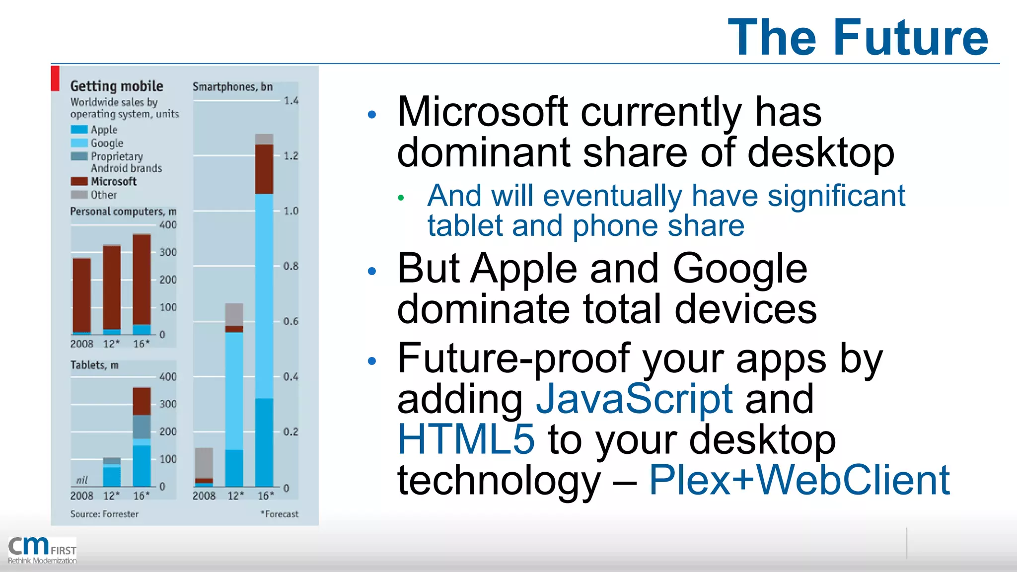 The Future
•   Microsoft currently has
    dominant share of desktop
    •   And will eventually have significant
        tablet and phone share
•   But Apple and Google
    dominate total devices
•   Future-proof your apps by
    adding JavaScript and
    HTML5 to your desktop
    technology – Plex+WebClient
 
