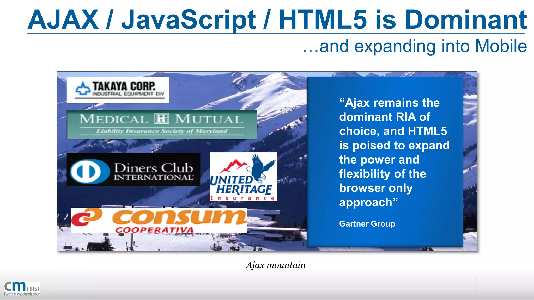 AJAX / JavaScript / HTML5 is Dominant
                            …and expanding into Mobile


                                “Ajax remains the
                                dominant RIA of
                                choice, and HTML5
                                is poised to expand
                                the power and
                                flexibility of the
                                browser only
                                approach”
                                Gartner Group




                Ajax mountain
 