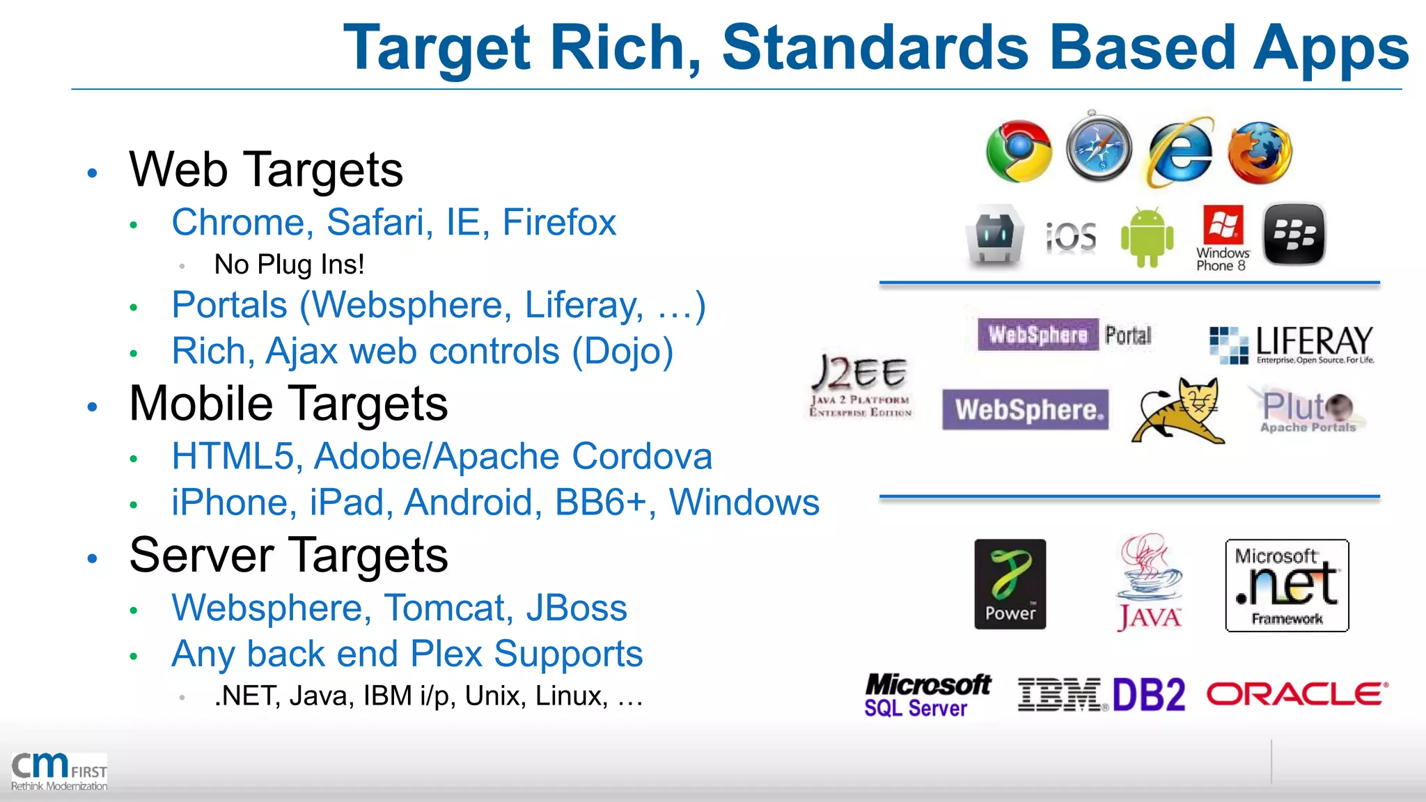 Target Rich, Standards Based Apps
•   Web Targets
    •   Chrome, Safari, IE, Firefox
        •   No Plug Ins!
    •   Portals (Websphere, Liferay, …)
    •   Rich, Ajax web controls (Dojo)
•   Mobile Targets
    •   HTML5, Adobe/Apache Cordova
    •   iPhone, iPad, Android, BB6+, Windows
•   Server Targets
    •   Websphere, Tomcat, JBoss
    •   Any back end Plex Supports
        •   .NET, Java, IBM i/p, Unix, Linux, …
 