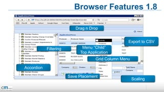 Browser Features 1.8

                           Drag n Drop


                                                    Export to CSV
            Filtering         Menu “Child”
                             Top Application
                                     Grid Column Menu

Accordion

                        Save Placement
                                                        Scaling
 