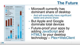 The Future
•   Microsoft currently has
    dominant share of desktop
    •   And will eventually have significant
        tablet and phone share
•   But Apple and Google
    dominate total devices
•   Future-proof your apps by
    adding JavaScript and
    HTML5 to your desktop
    technology – Plex+WebClient
 