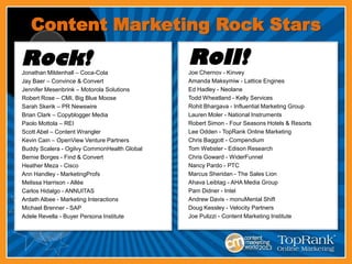 Jonathan Mildenhall – Coca-Cola
Jay Baer – Convince & Convert
Jennifer Mesenbrink – Motorola Solutions
Robert Rose – CMI, ...