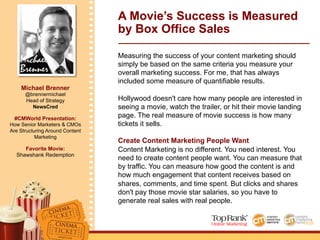 Michael
Brenner
Michael Brenner
@brennermichael
Head of Strategy
NewsCred
#CMWorld Presentation:
How Senior Marketers & CMOs
Are Structuring Around Content
Marketing
Favorite Movie:
Shawshank Redemption
A Movie’s Success is Measured
by Box Office Sales
Measuring the success of your content marketing should
simply be based on the same criteria you measure your
overall marketing success. For me, that has always
included some measure of quantifiable results.
Hollywood doesn't care how many people are interested in
seeing a movie, watch the trailer, or hit their movie landing
page. The real measure of movie success is how many
tickets it sells.
Create Content Marketing People Want
Content Marketing is no different. You need interest. You
need to create content people want. You can measure that
by traffic. You can measure how good the content is and
how much engagement that content receives based on
shares, comments, and time spent. But clicks and shares
don't pay those movie star salaries, so you have to
generate real sales with real people.
 