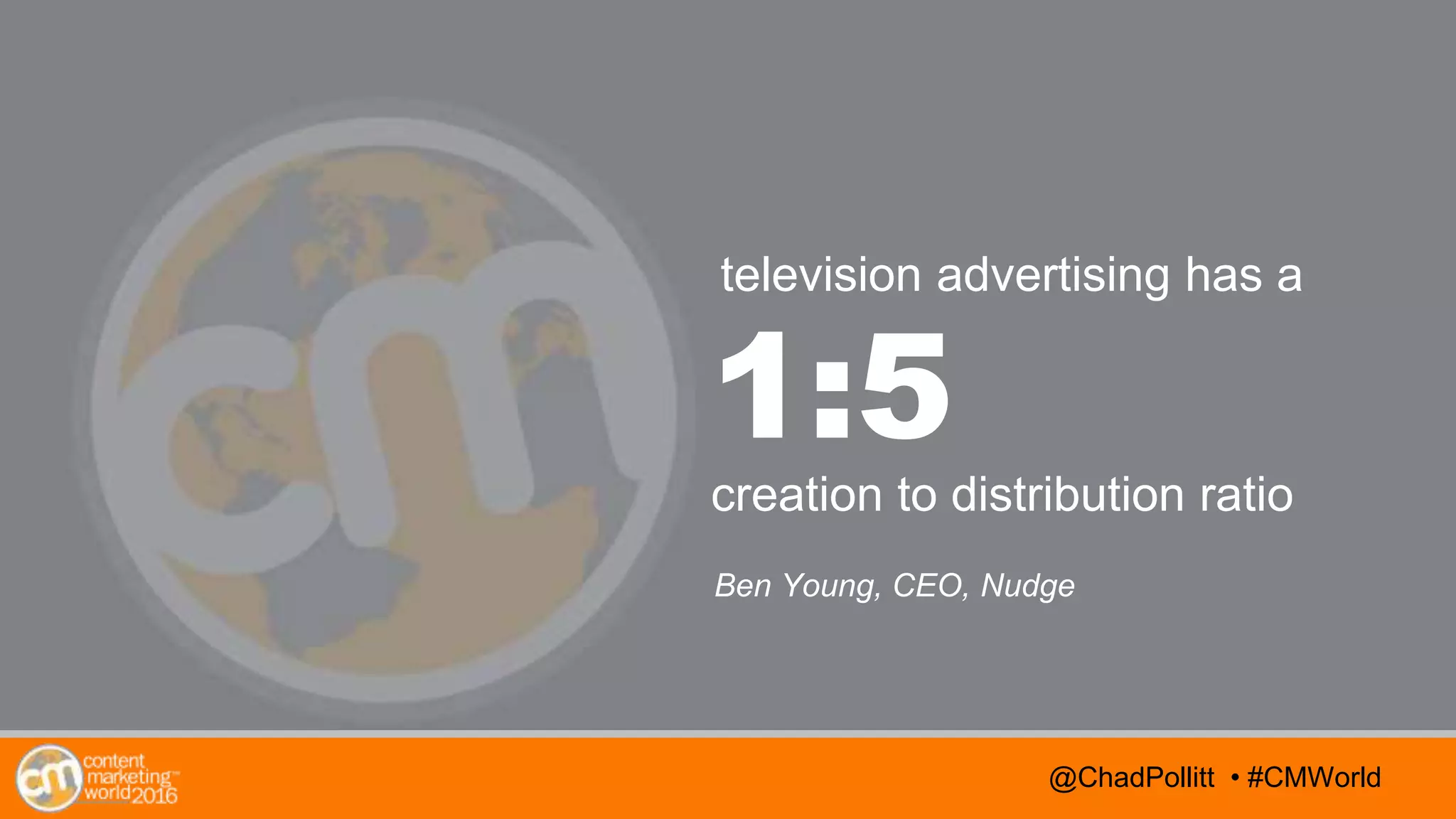 @TwitterHandle • #CMWorld
AGENDA
@TwitterHandle • #CMWorld@ChadPollitt • #CMWorld
1:5
creation to distribution ratio
Ben Young, CEO, Nudge
television advertising has a
 