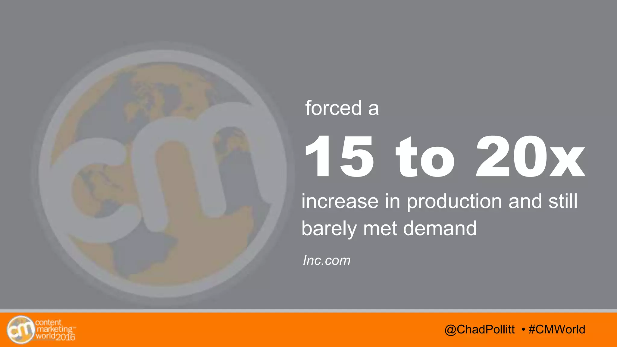 @TwitterHandle • #CMWorld
AGENDA
@TwitterHandle • #CMWorld@ChadPollitt • #CMWorld
15 to 20x
increase in production and still
barely met demand
Inc.com
forced a
 