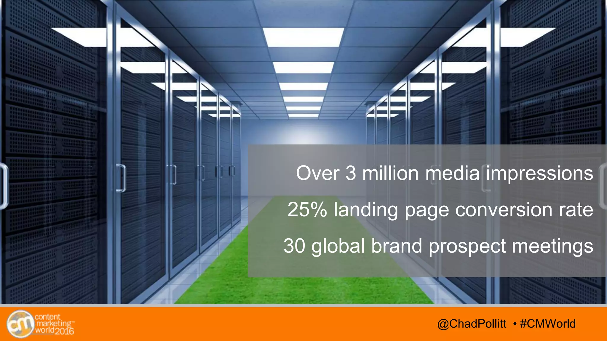 @TwitterHandle • #CMWorld@TwitterHandle • #CMWorld@ChadPollitt • #CMWorld
Over 3 million media impressions
25% landing page conversion rate
30 global brand prospect meetings
 