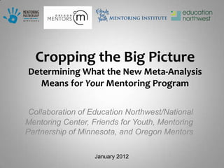 Cropping the Big Picture
Determining What the New Meta-Analysis
   Means for Your Mentoring Program

 Collaboration of Education Northwest/National
Mentoring Center, Friends for Youth, Mentoring
Partnership of Minnesota, and Oregon Mentors

                   January 2012
 