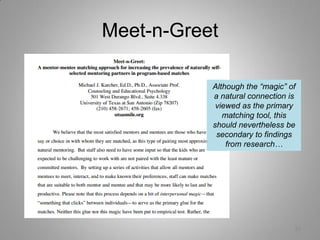 Meet-n-Greet

           Although the “magic” of
           a natural connection is
            viewed as the primary
              matching tool, this
           should nevertheless be
            secondary to findings
               from research…




                                 20
 