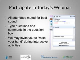 Participate in Today’s Webinar
•   All attendees muted for best
    sound
•   Type questions and
    comments in the question
    box
•   We may invite you to “raise
    your hand” during interactive
    activities


                                     3
 