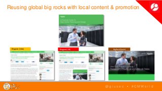 Reusing global big rocks with local content & promotion
@ g i u s e c • # C M W o r l d
Blog post (India) Blog post (UK) Big Rock (Spain)
 