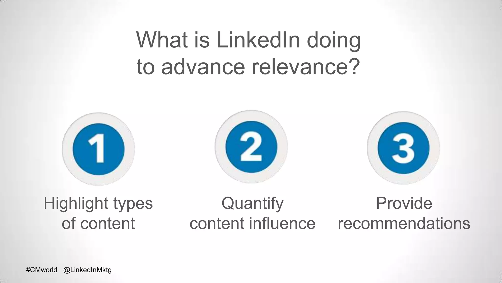 #CMworld @LinkedInMktg#CMworld @LinkedInMktg
What is LinkedIn doing
to advance relevance?
Highlight types
of content
Quantify
content influence
Provide
recommendations
 