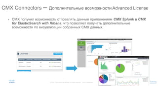 • CMX получил возможность отправлять данные приложениям CMX Splunk и CMX
for ElasticSearch with Kibana, что позволяет получать дополнительные
возможности по визуализации собранных CMX данных.
CMX Connectors – Дополнительные возможности Advanced License
 