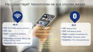 Не существует технологии на все случаи жизни
Выбор зависит от
сценария
использования
• Navigation / Wayfinding
• Proximity Marketing
• Analytics / Insights
• Space Utilization
• Asset Tracking
• Etc.
Wi-Fi
• HW: AP37/3800, модуль, антенны, …
• SW: CMX
• Apps: navigation & wayfinding,
analytics., ...
• Партнеры: Phunware, Rifinity, tags
vendors (w/CCX), others
• Сервисы: TAC, Advanced Services
BLE
• HW: Beacon Point
• SW: CMX Beacon Center
• Apps: navigation & wayfinding, etc.
• Партнеры: Phunware, others
• Сервисы: TAC, Advanced Services
 