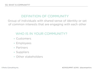 DEFINITION OF COMMUNITY
Group of individuals with shared sense of identity or set
of common interests that are engaging with each other
WHO IS IN YOUR COMMUNITY?
• Customers
• Employees
• Partners
• Suppliers
• Other stakeholders
SO, WHAT IS COMMUNITY?
©Perks Consulting Inc. @laurenperkins#CMXSUMMIT @CMX
 